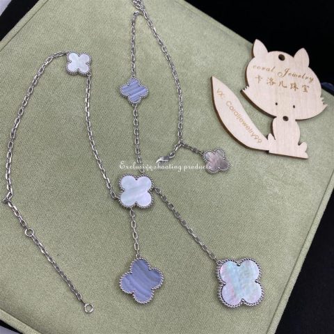Van Cleef & Arpels VCARN18900 Magic Alhambra necklace 6 motifs White gold Chalcedony Mother-of-pearl necklace 9