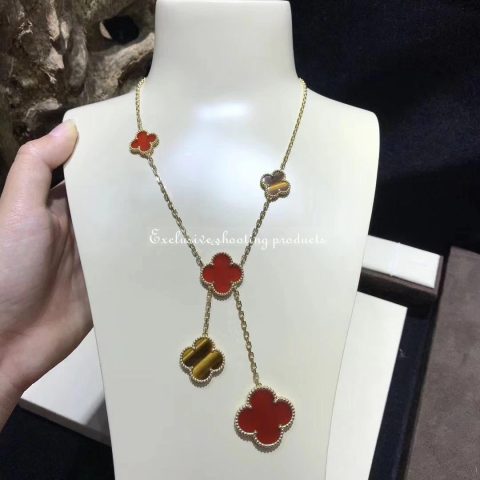 Van Cleef & Arpels VCARN5JP00 Magic Alhambra necklace 6 motifs Yellow gold Carnelian Tiger Eye necklace 11