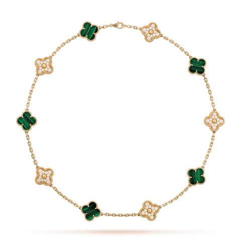 Van Cleef & Arpels VCARO9J400 Vintage Alhambra Necklace 10 Motifs Yellow Gold Diamond Malachite Necklace 1