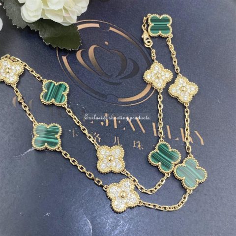 Van Cleef & Arpels VCARO9J400 Vintage Alhambra Necklace 10 Motifs Yellow Gold Diamond Malachite Necklace 11