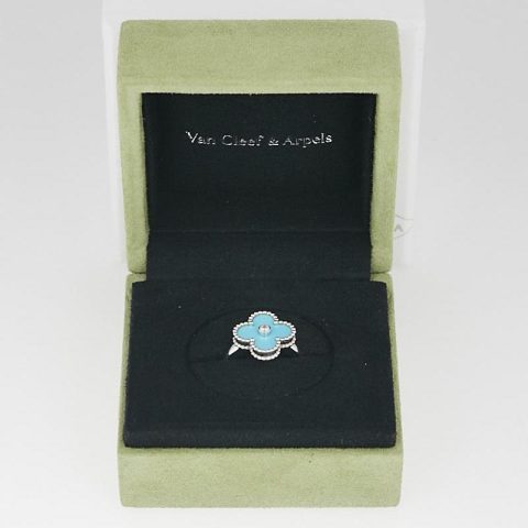 Van Cleef & Arpels Vintage Alhambra Ring 18k White Gold Turquoise and Diamond Ring 2