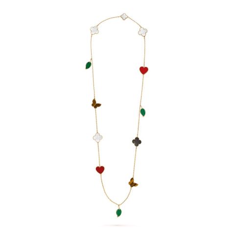 Van Cleef & Arpels VCARD80100 Lucky Alhambra long necklace 12 motifs Yellow gold Carnelian Malachite Mother-of-pearl Tiger Eye 1
