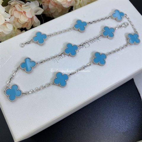 Van Cleef & Arpels necklace Vintage Alhambra 10 motifs White gold Turquoise VCARF48500 necklace 8