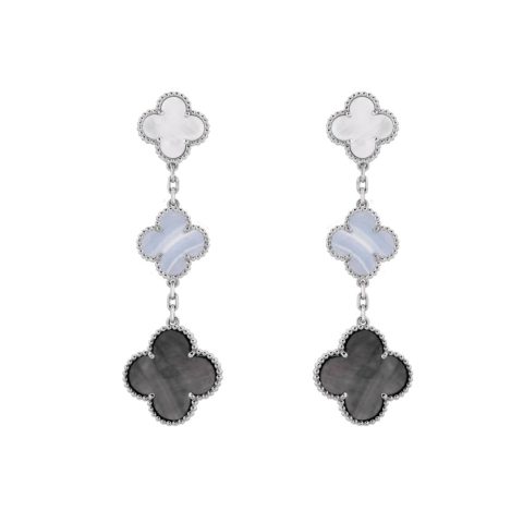 Van Cleef & Arpels Magic Alhambra VCARN18800 earrings 3 motifs White gold Chalcedony Mother-of-pearl earrings 1