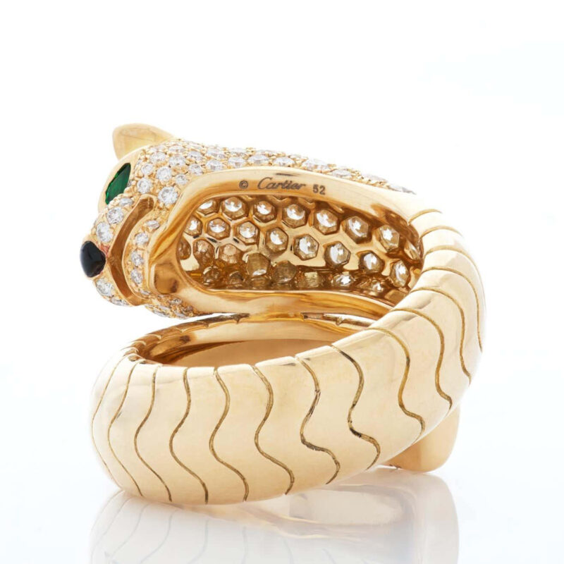 Cartier Panthère De Cartier N4224200, Yellow Gold Pave Diamond, Emerald & Onyx Bypass Ring 7