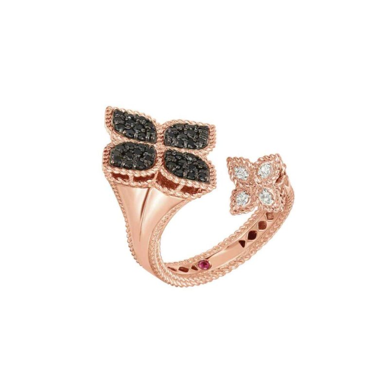 Roberto Coin Princess Flower Rose Gold Ring With White And Black Diamonds 68