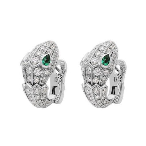 Bulgari Serpenti White Gold Earrings Set With Pave Diamonds And Two Emerald Eyes Ref 354702 c