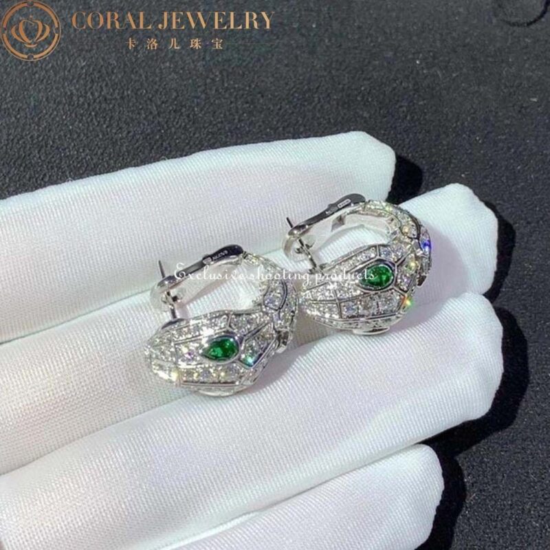 Bulgari Serpenti White Gold Earrings Set With Pave Diamonds And Two Emerald Eyes Ref 354702 Coral 138