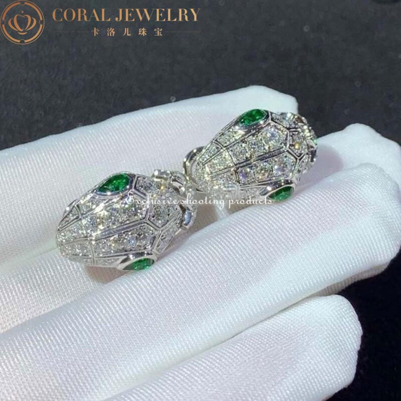 Bulgari Serpenti White Gold Earrings Set With Pave Diamonds And Two Emerald Eyes Ref 354702 Coral 148