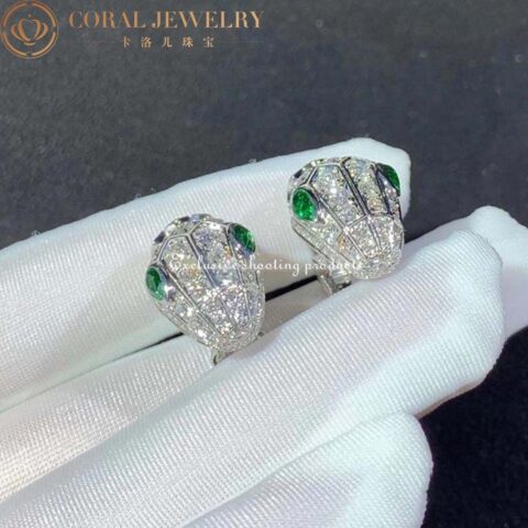 Bulgari Serpenti White Gold Earrings Set With Pave Diamonds And Two Emerald Eyes Ref 354702 Coral 38