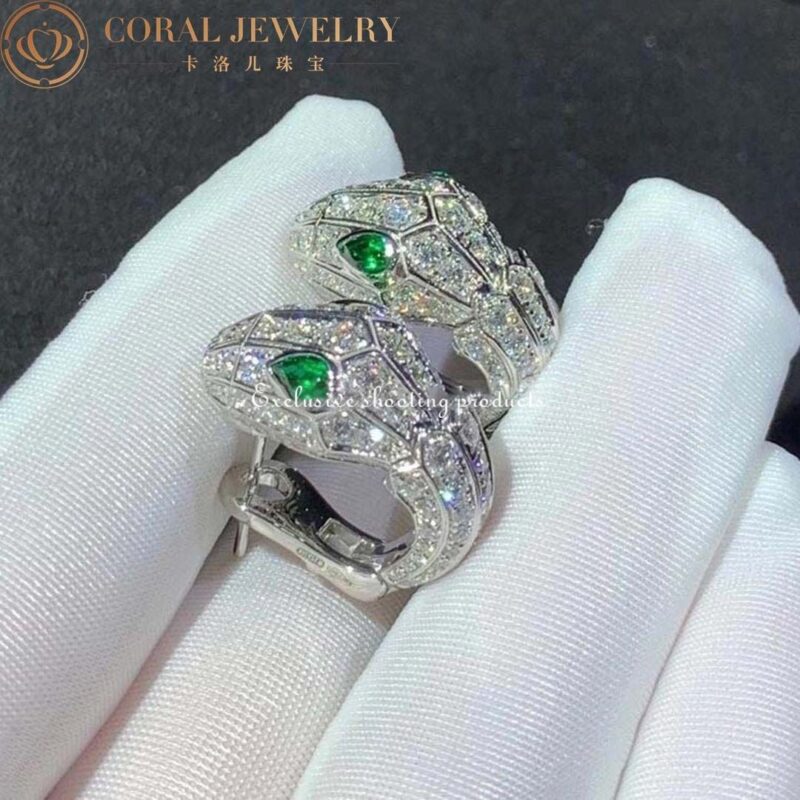 Bulgari Serpenti White Gold Earrings Set With Pave Diamonds And Two Emerald Eyes Ref 354702 Coral 78