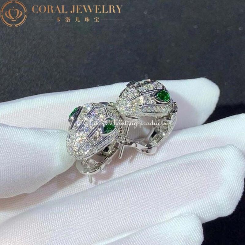 Bulgari Serpenti White Gold Earrings Set With Pave Diamonds And Two Emerald Eyes Ref 354702 Coral 98