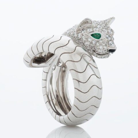 Cartier Panthère De Cartier, Pave Diamond, Emerald and Onyx Bypass Ring in 18k White Gold N4224100 2
