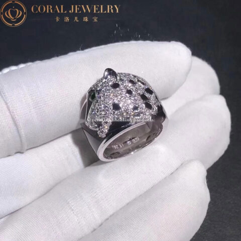 Black Lacquer Onyx Emeralds and Diamonds Cartier Panthère de Cartier ring, White Gold B4211400 7