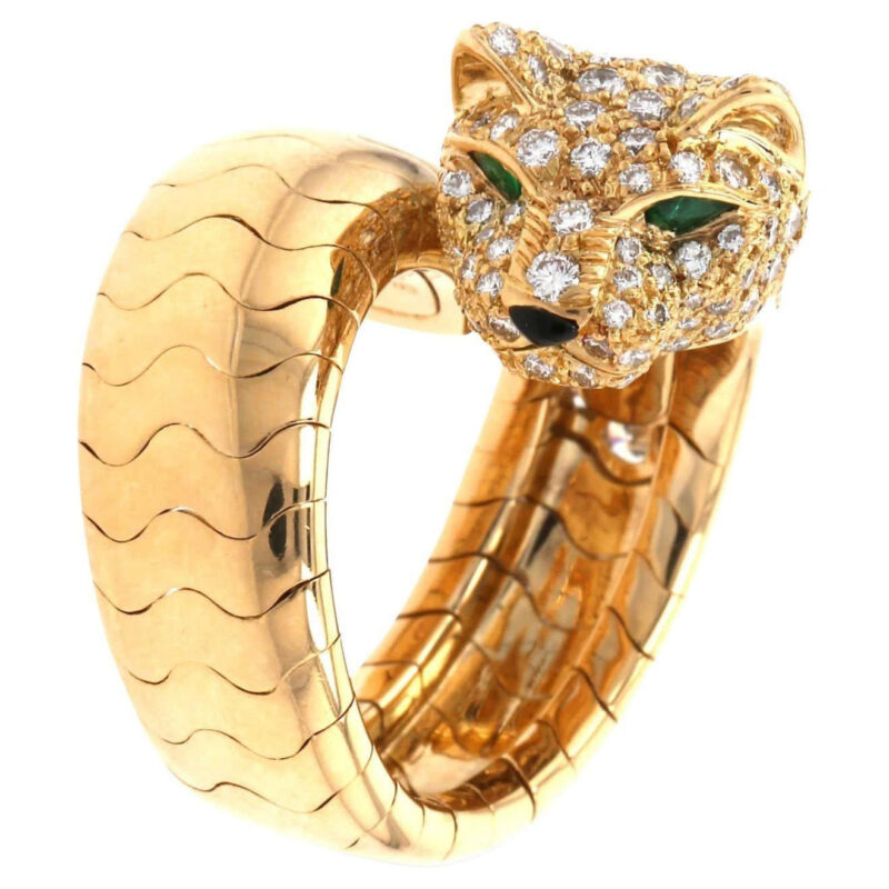 Cartier Panthère De Cartier N4224200, Yellow Gold Pave Diamond, Emerald & Onyx Bypass Ring 1