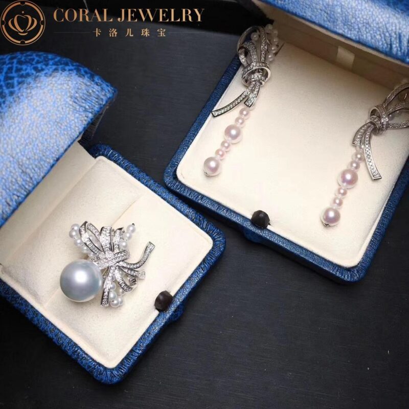 Chanel Ruban Earrings 18k White Gold Diamonds Pearl Coral 38