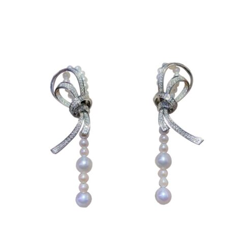 Chanel Ruban Earrings 18k White Gold Diamonds Pearl Coral 56