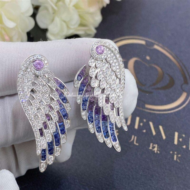 Garrard Wings Embrace Bird Of Paradise Drop Earrings In 18ct White Gold With Diamonds And Sapphires 88