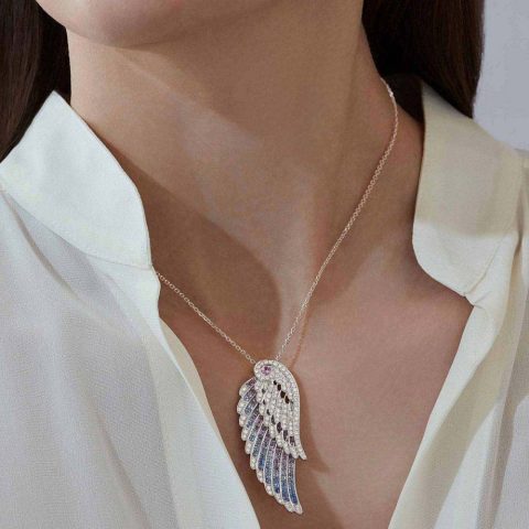 Garrard Wings Embrace Bird Of Paradise Slider Pendant In 18ct White Gold With Diamonds And Sapphires 29