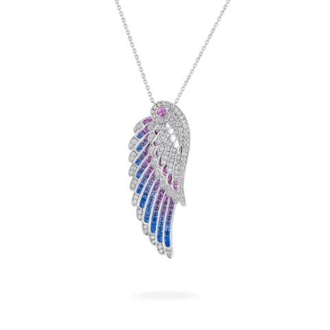 Garrard Wings Embrace Bird Of Paradise Slider Pendant In 18ct White Gold With Diamonds And Sapphires 29