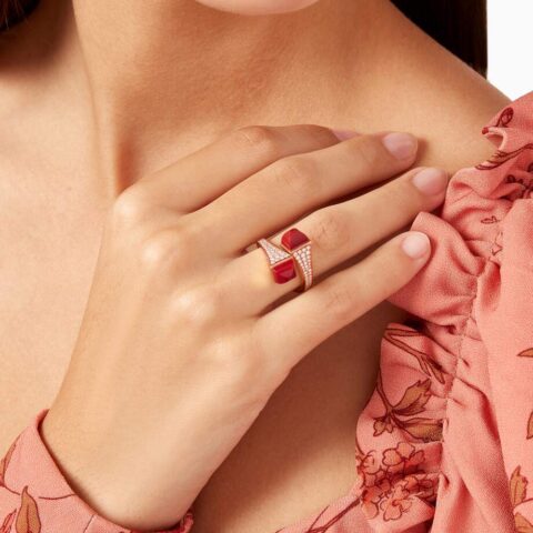 Marli Cleo Diamond Statement Ring With Red Coral In 18kt Rose Gold 22