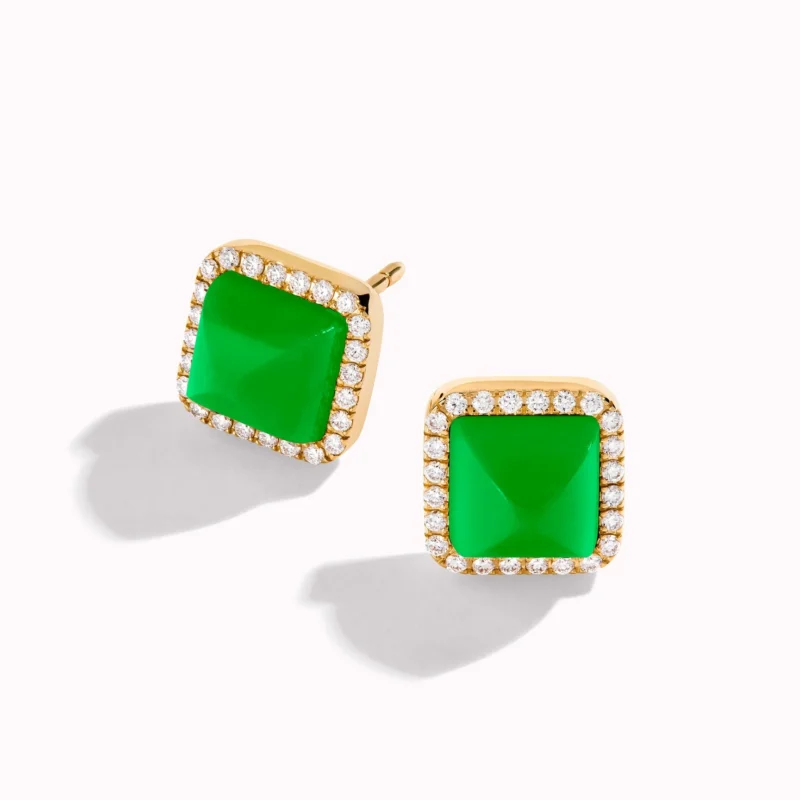 Marli Cleo Diamond Stud Pyramid Earrings In Yellow Gold Set With Green Jade Cleo E3 11