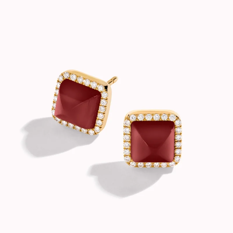 Marli Cleo Diamond Stud Pyramid Earrings In Yellow Gold Set With Red Agate Cleo E3 888