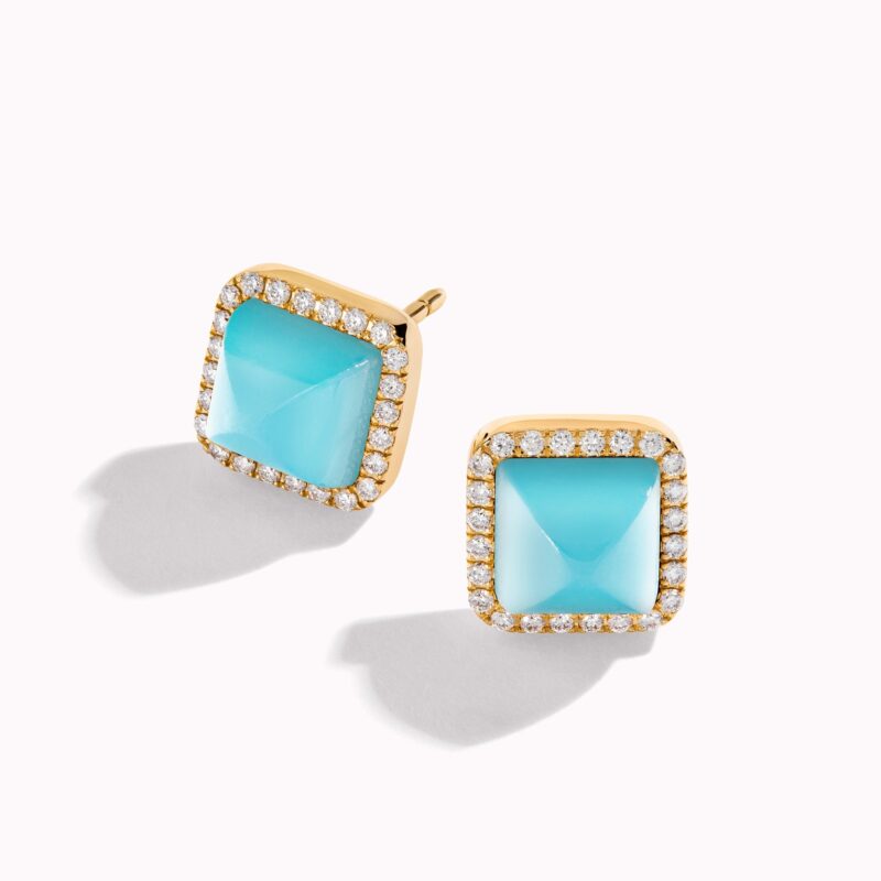 Marli Cleo Diamond Stud Pyramid Earrings In Yellow Gold Set With Sea Blue Chalcedony Cleo E3 11
