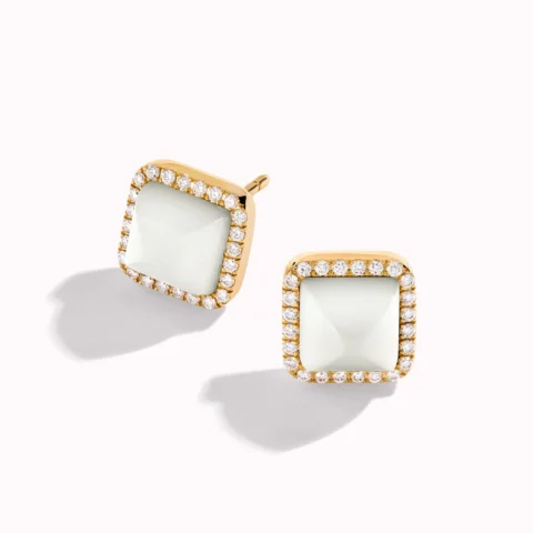 Marli Cleo Diamond Stud Pyramid Earrings In Yellow Gold Set With White Moon Stone Cleo E33