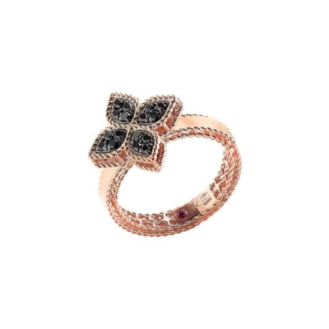 Roberto Coin Princess Flower Rose Gold Ring With Black Diamonds 99