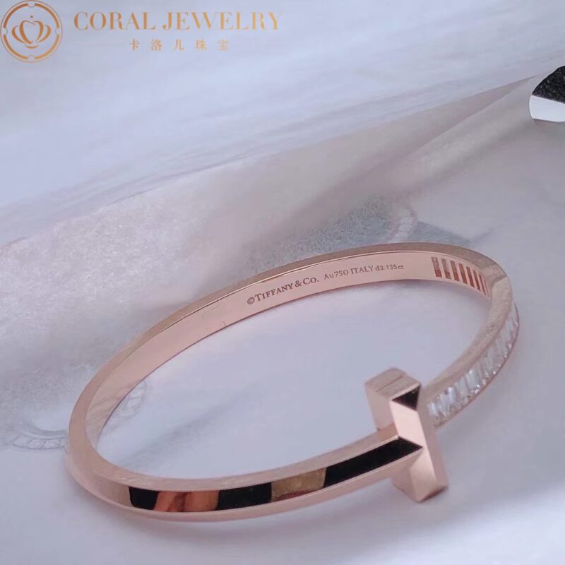 Tiffany T T1 Wide Hinged Bangle In 18k Rose Gold With Baguette Diamonds Coral 28