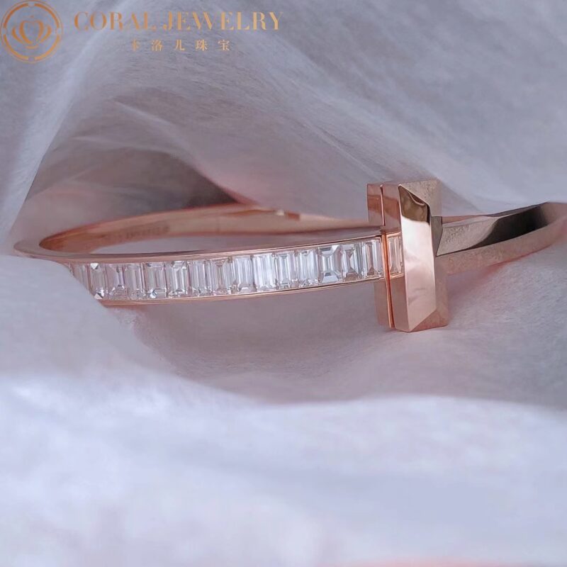 Tiffany T T1 Wide Hinged Bangle In 18k Rose Gold With Baguette Diamonds Coral 38
