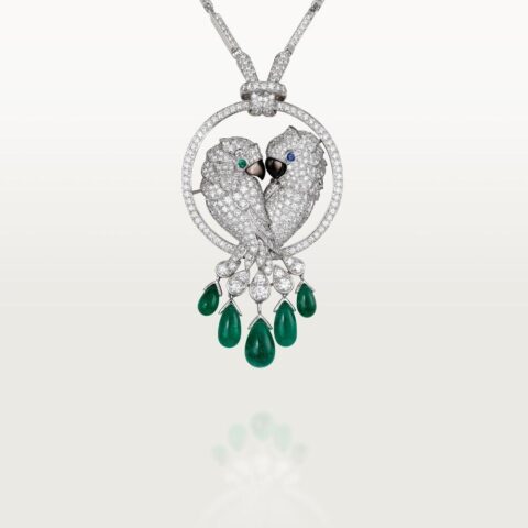 Cartier Les Oiseaux Libérés HP300100 Necklace White Gold Mother-of-pearl Sapphire Emerald Diamonds 2