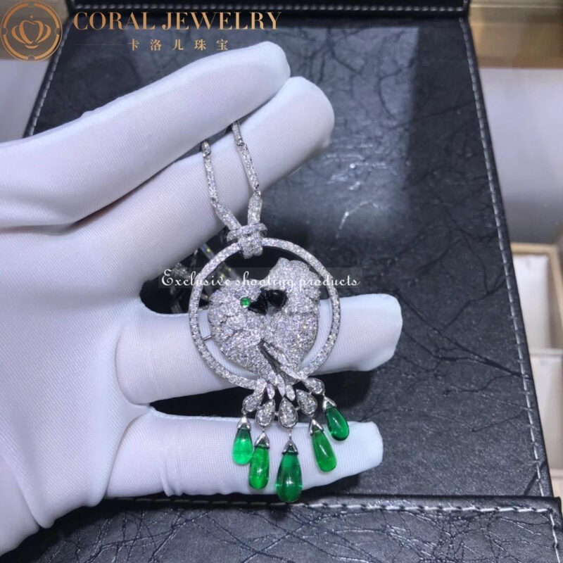 Cartier Les Oiseaux Libérés HP300100 Necklace White Gold Mother-of-pearl Sapphire Emerald Diamonds 17