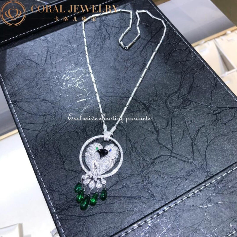 Cartier Les Oiseaux Libérés HP300100 Necklace White Gold Mother-of-pearl Sapphire Emerald Diamonds 16