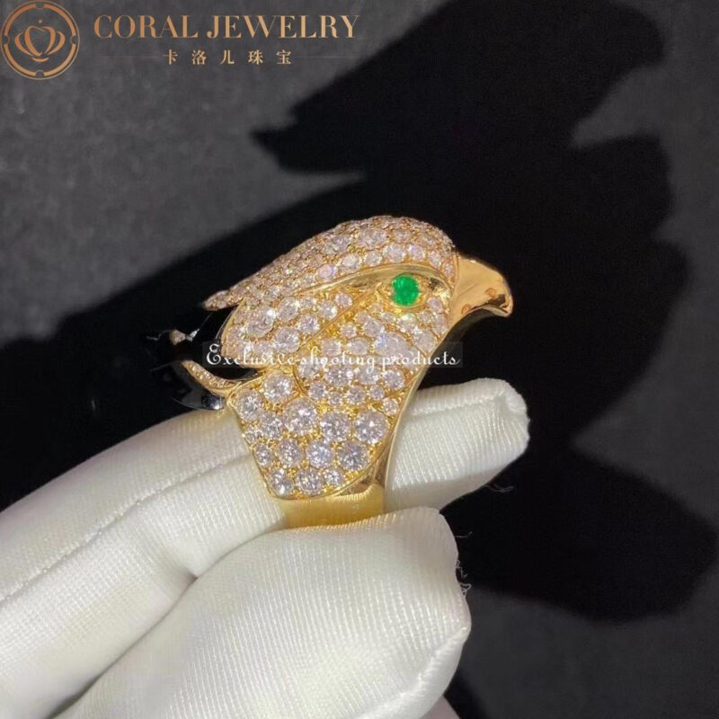 Cartier Les Oiseaux Libérés H4317100 Ring Yellow Gold Onyx Emeralds and Diamonds 7