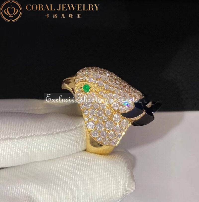 Cartier Les Oiseaux Libérés H4317100 Ring Yellow Gold Onyx Emeralds and Diamonds 6