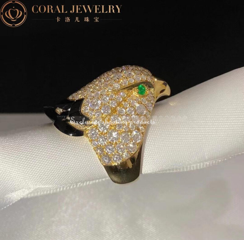 Cartier Les Oiseaux Libérés H4317100 Ring Yellow Gold Onyx Emeralds and Diamonds 4