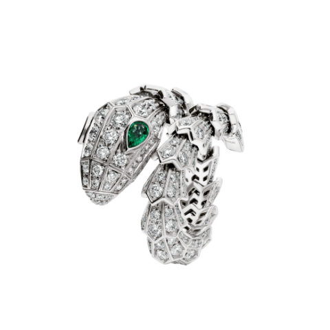 Bulgari Serpenti 354697 18 kt white gold ring set with pavé diamonds and two emerald eyes 1