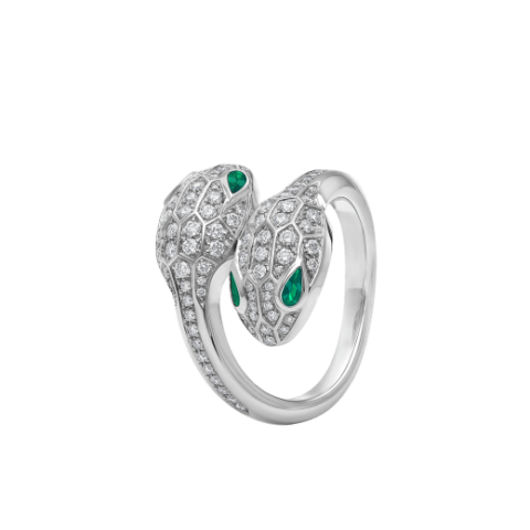 Bulgari Serpenti Seduttori 358094 18 kt white gold double head ring set with emerald eyes and pavé diamonds 1