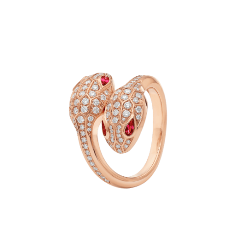 Bulgari Serpenti 358090 Seduttori 18 kt rose gold double head ring set with rubellite eyes and pavé diamonds 1