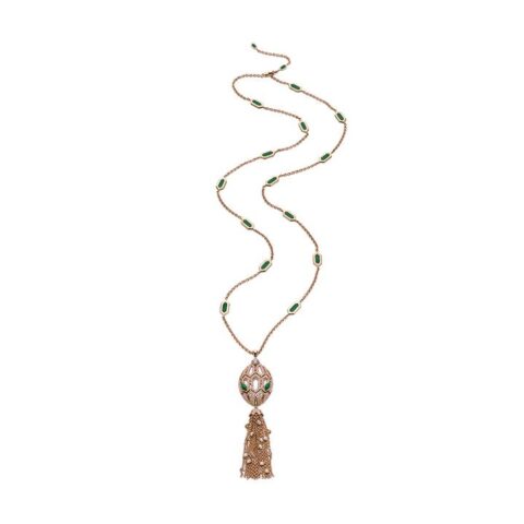 Bulgari Serpenti 354101-RG 18 kt rose gold necklace with tassel set with a diamond pavé diamonds and malachite eyes 1