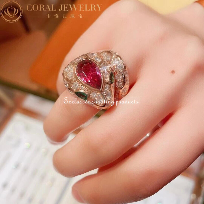 Bulgari Serpenti 355336-Ruby 18 kt rose gold ring set with a Ruby on the head emerald eyes and pavé diamonds 9