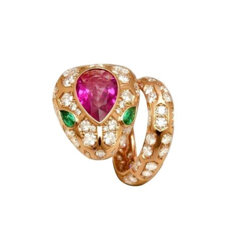 Bulgari Serpenti 355336-Ruby 18 kt rose gold ring set with a Ruby on the head emerald eyes and pavé diamonds 1