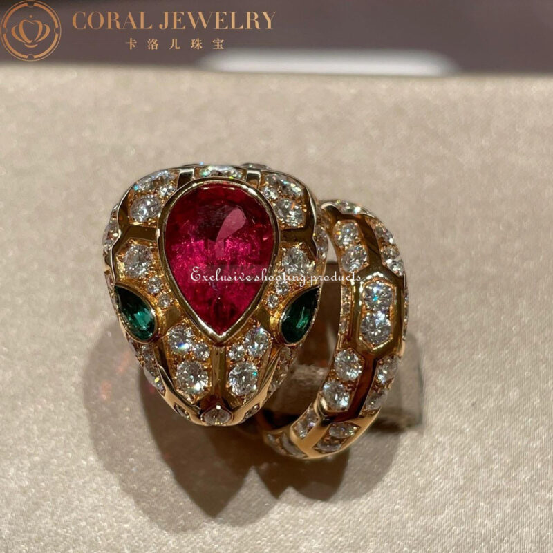 Bulgari Serpenti 355336-Ruby 18 kt rose gold ring set with a Ruby on the head emerald eyes and pavé diamonds 5