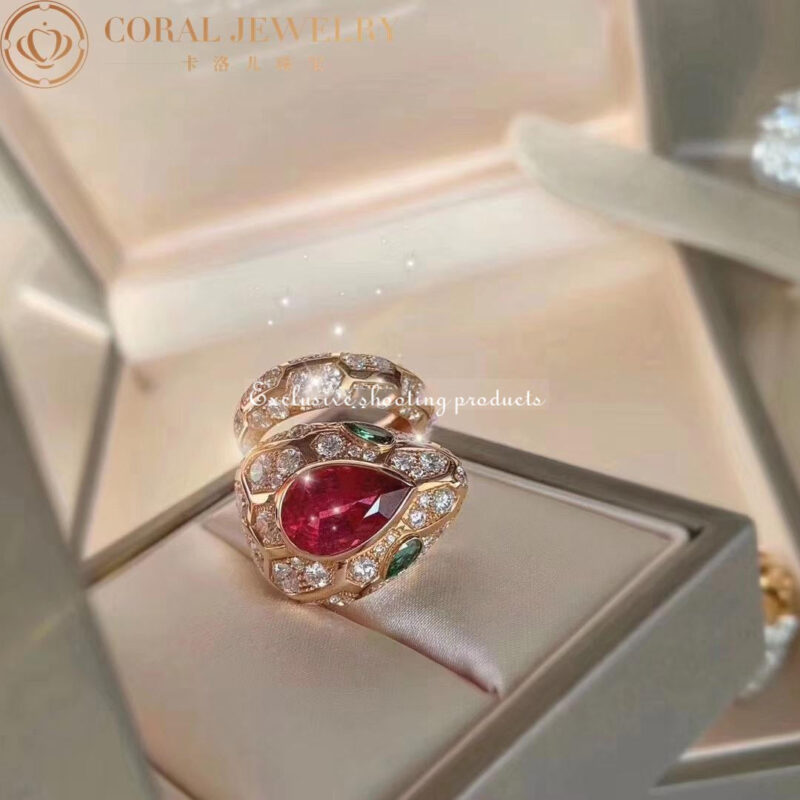 Bulgari Serpenti 355336-Ruby 18 kt rose gold ring set with a Ruby on the head emerald eyes and pavé diamonds 3