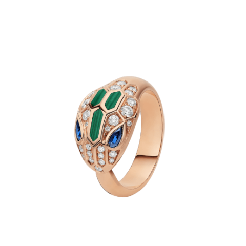 Bulgari Serpenti 356207 18 kt rose gold ring set with blue sapphire eyes malachite elements and pavé diamonds 1