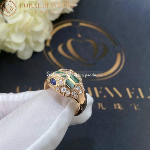 Bulgari Serpenti 356207 18 kt rose gold ring set with blue sapphire eyes malachite elements and pavé diamonds 5