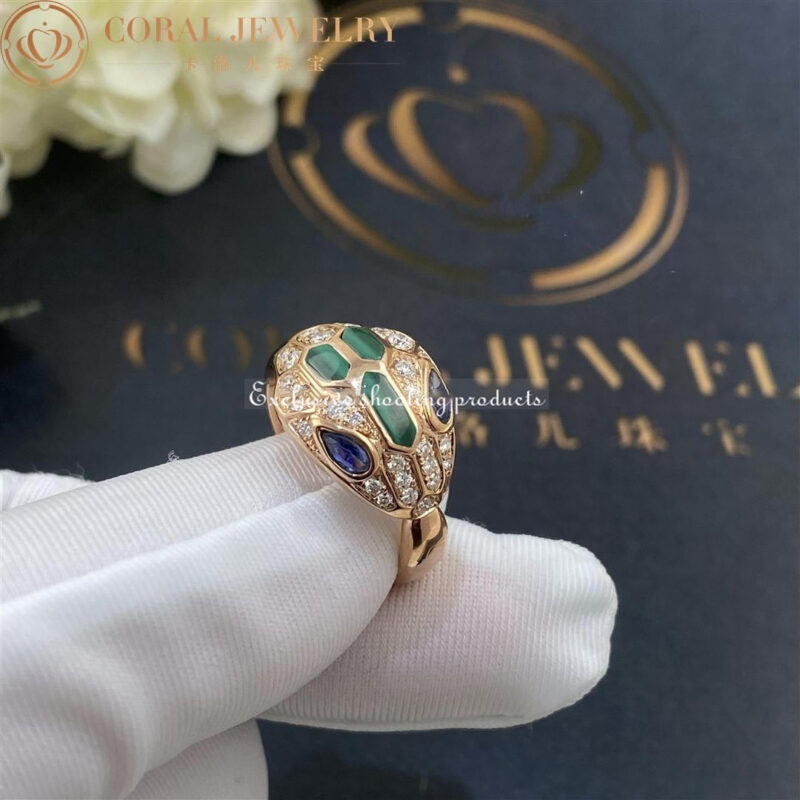 Bulgari Serpenti 356207 18 kt rose gold ring set with blue sapphire eyes malachite elements and pavé diamonds 4