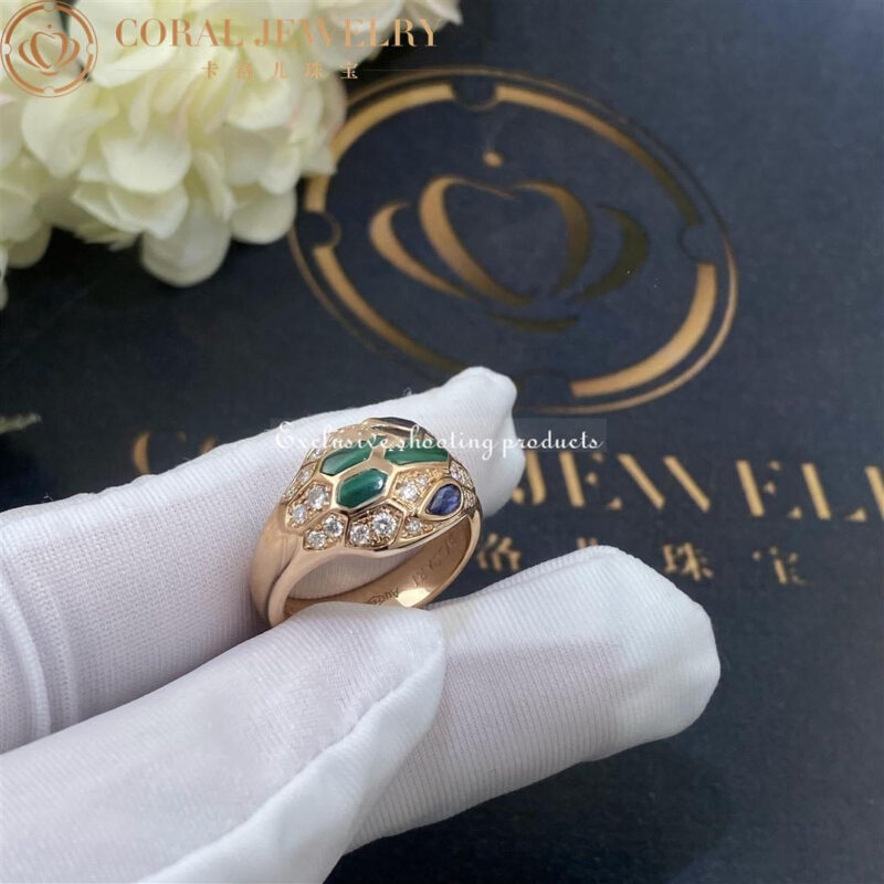 Bulgari Serpenti 356207 18 kt rose gold ring set with blue sapphire eyes malachite elements and pavé diamonds 3